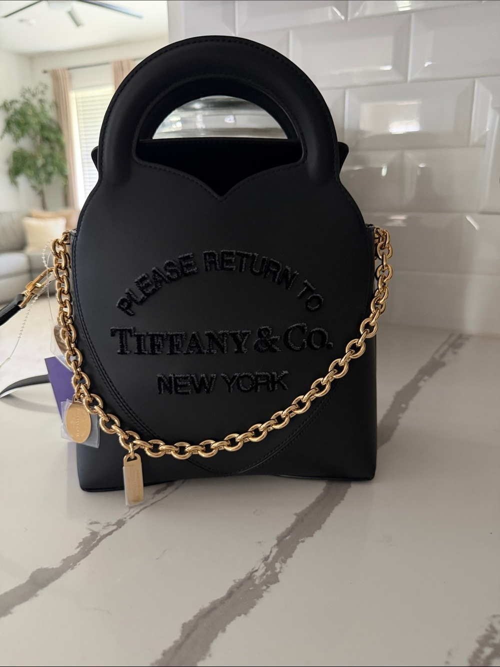 Tiffany & Co. Black Mini Heart Tote with Gold Chain Strap
